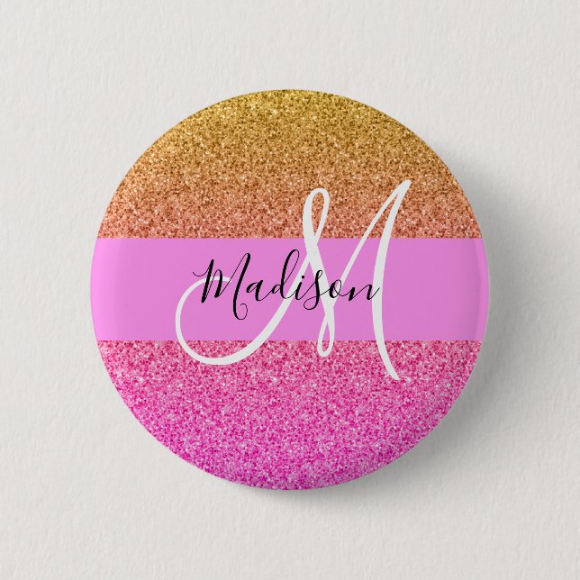 Glam Pink & Gold Glitter Sparkle Gradient Monogram Button (Front)