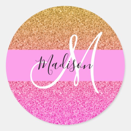 Glam Pink  Gold Glitter Sparkle Gradient Monogram Classic Round Sticker