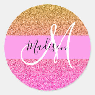 Glam Pink & Gold Glitter Sparkle Gradient Monogram Classic Round Sticker