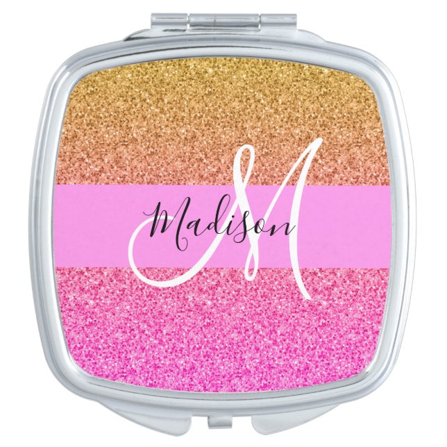 Glam Pink & Gold Glitter Sparkle Gradient Monogram Compact Mirror (Front)