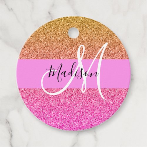 Glam Pink  Gold Glitter Sparkle Gradient Monogram Favor Tags