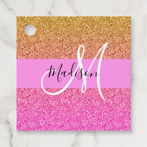 Glam Pink  Gold Glitter Sparkle Gradient Monogram Favor Tags