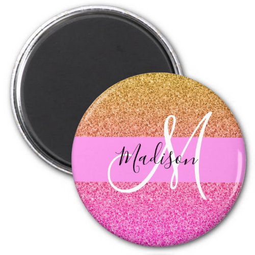 Glam Pink  Gold Glitter Sparkle Gradient Monogram Magnet