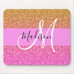 Glam Pink & Gold Glitter Sparkle Gradient Monogram Mouse Pad