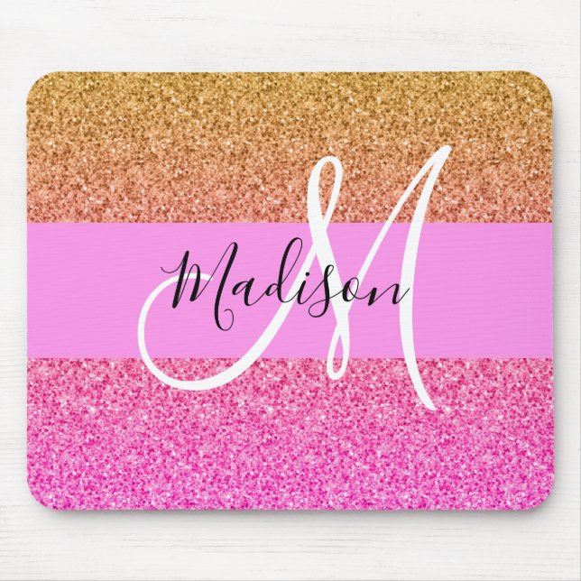 Glam Pink & Gold Glitter Sparkle Gradient Monogram Mouse Pad (Front)