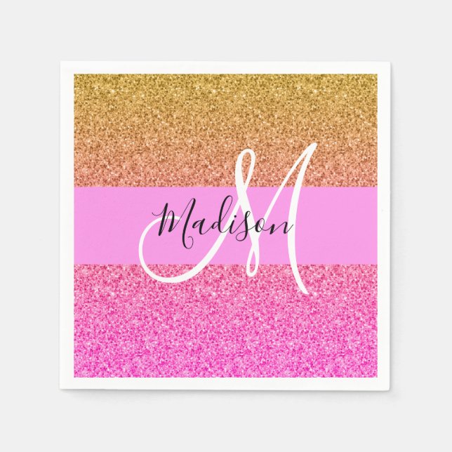 Glam Pink & Gold Glitter Sparkle Gradient Monogram Napkins (Front)