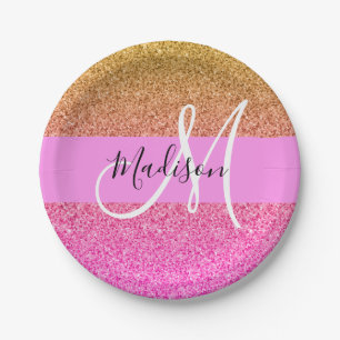 Glam Pink & Gold Glitter Sparkle Gradient Monogram Paper Plates