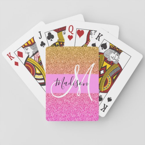Glam Pink  Gold Glitter Sparkle Gradient Monogram Poker Cards