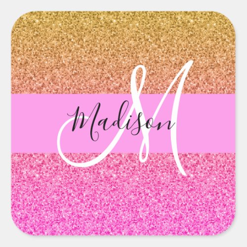 Glam Pink  Gold Glitter Sparkle Gradient Monogram Square Sticker