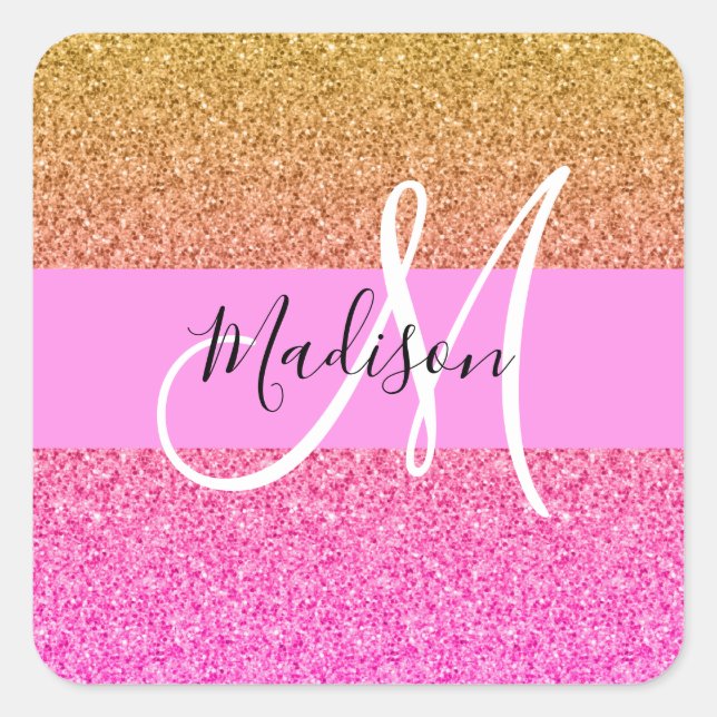 Glam Pink & Gold Glitter Sparkle Gradient Monogram Square Sticker (Front)