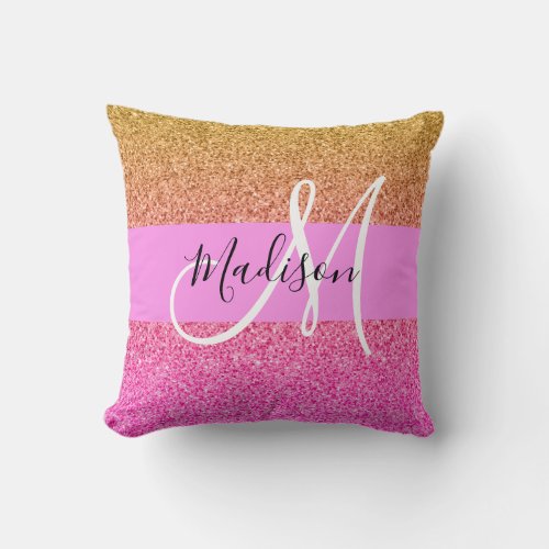 Glam Pink  Gold Glitter Sparkle Gradient Monogram Throw Pillow