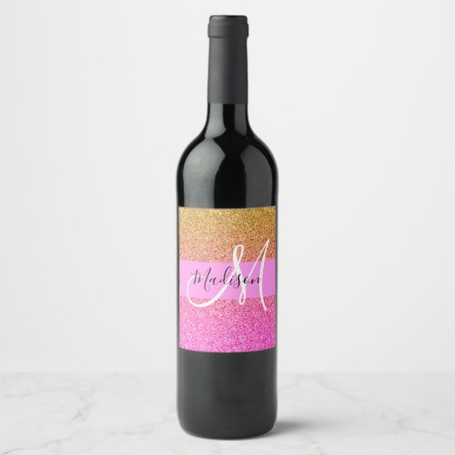 Glam Pink  Gold Glitter Sparkle Gradient Monogram Wine Label