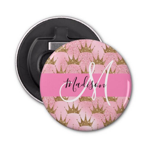 Glam Pink  Gold Glitter Sparkles Crowns Monogram Bottle Opener