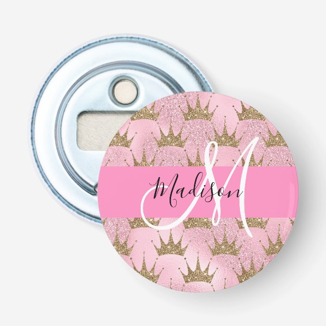 Glam Pink & Gold Glitter Sparkles Crowns Monogram Bottle Opener (Front)