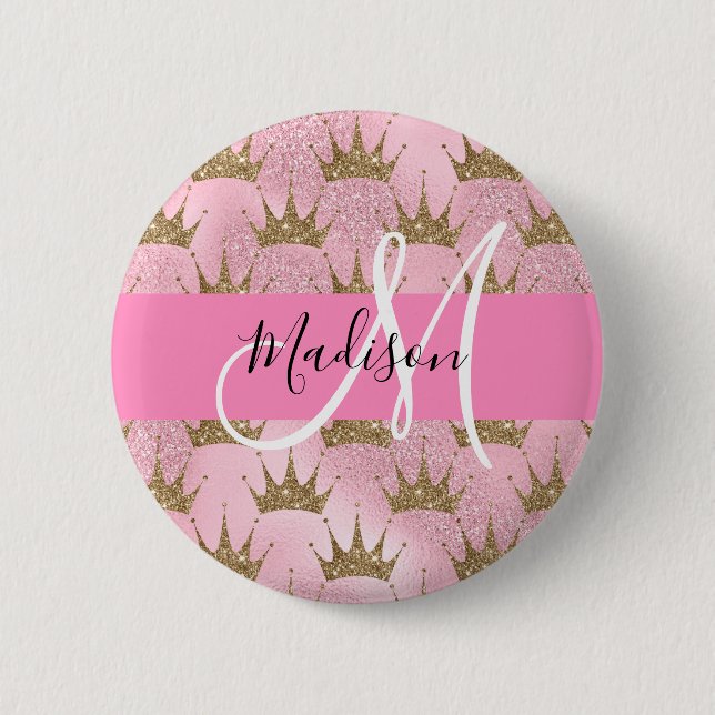 Glam Pink & Gold Glitter Sparkles Crowns Monogram Button (Front)