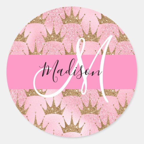 Glam Pink  Gold Glitter Sparkles Crowns Monogram Classic Round Sticker