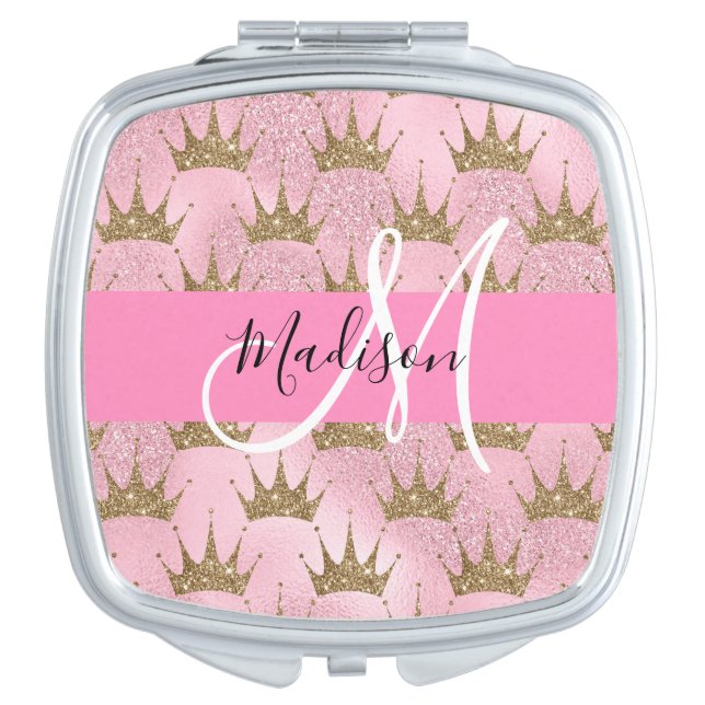 Glam Pink & Gold Glitter Sparkles Crowns Monogram Compact Mirror (Front)