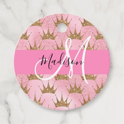 Glam Pink  Gold Glitter Sparkles Crowns Monogram Favor Tags