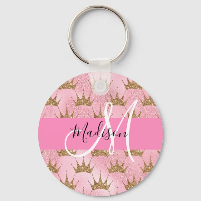 Glam Pink & Gold Glitter Sparkles Crowns Monogram Keychain (Front)