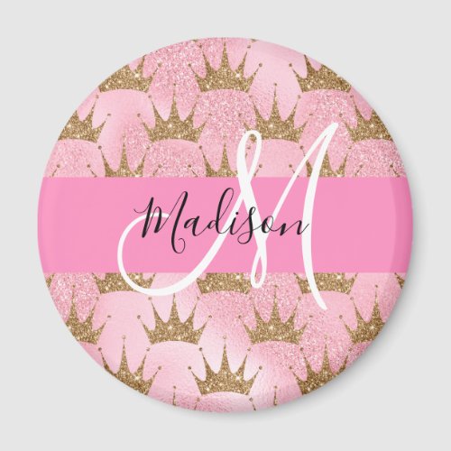 Glam Pink  Gold Glitter Sparkles Crowns Monogram Magnet