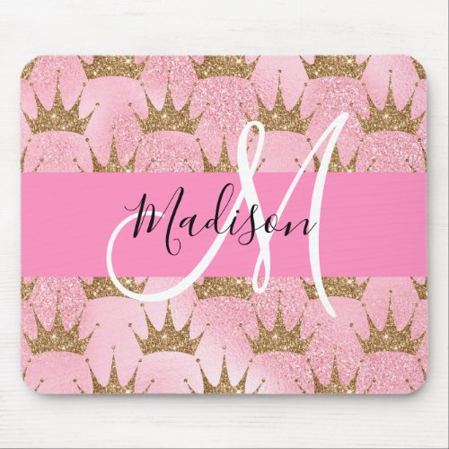 Glam Pink  Gold Glitter Sparkles Crowns Monogram Mouse Pad