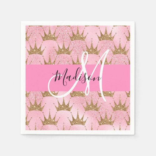 Glam Pink  Gold Glitter Sparkles Crowns Monogram Napkins