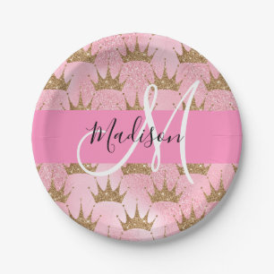 Glam Pink & Gold Glitter Sparkles Crowns Monogram Paper Plates