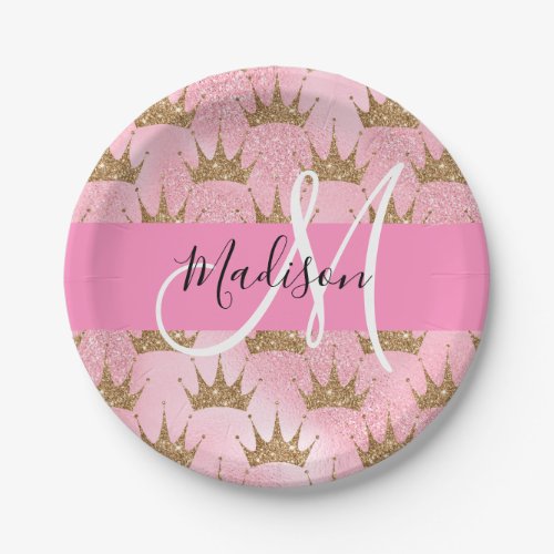 Glam Pink  Gold Glitter Sparkles Crowns Monogram Paper Plates