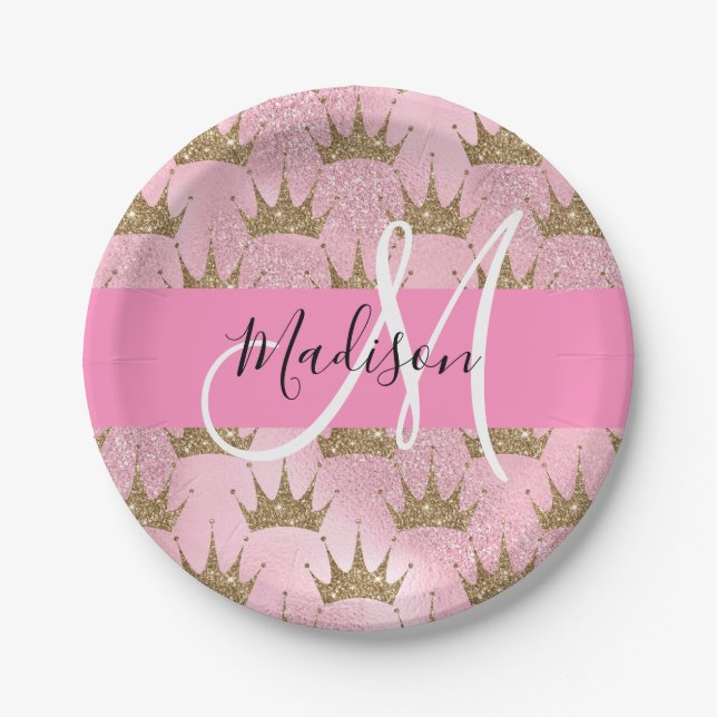 Glam Pink & Gold Glitter Sparkles Crowns Monogram Paper Plates (Front)