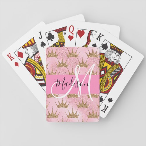 Glam Pink  Gold Glitter Sparkles Crowns Monogram Poker Cards