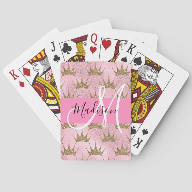 Glam Pink & Gold Glitter Sparkles Crowns Monogram Poker Cards (Back)