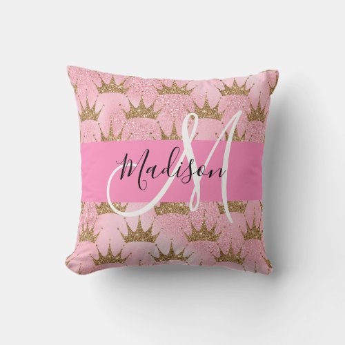 Glam Pink  Gold Glitter Sparkles Crowns Monogram Throw Pillow