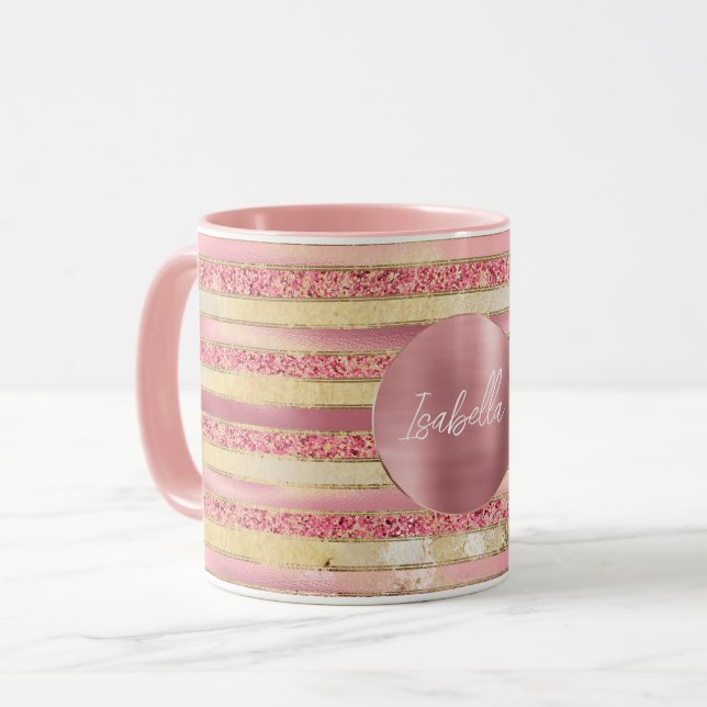 Glam Pink Gold Glitter Stripes Mug (Front Left)