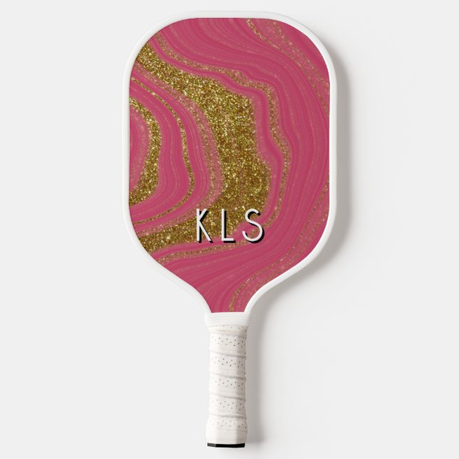 Glam Pink Gold Glitter Swirl Monogram Pickleball Paddle (Back)
