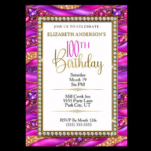 Glam Pink Gold Jeweled Strata 100th Birthday Invitation