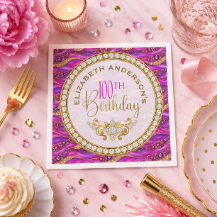 Glam Pink Gold Jeweled Strata 100th Birthday Napkins