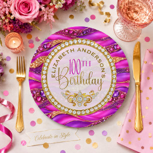 Glam Pink Gold Jeweled Strata 100th Birthday Paper Plates