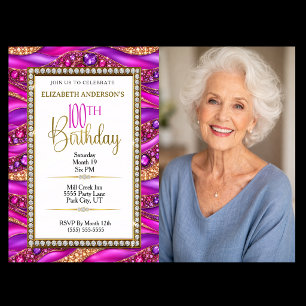 Glam Pink Gold Jeweled Strata 100th Birthday Photo Invitation