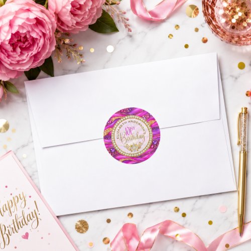 Glam Pink Gold Jeweled Strata 101st Birthday Classic Round Sticker