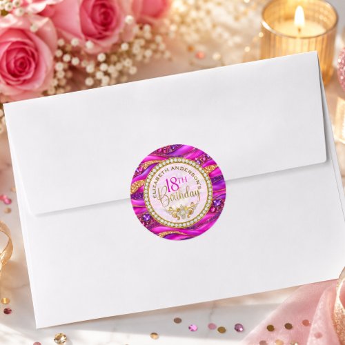 Glam Pink Gold Jeweled Strata 18th Birthday Classic Round Sticker