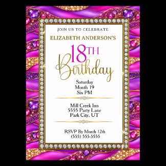 Glam Pink Gold Jeweled Strata 18th Birthday Invitation