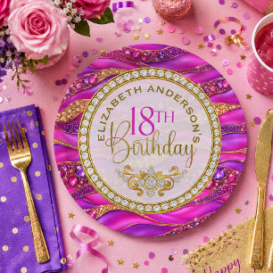Glam Pink Gold Jeweled Strata 18th Birthday Paper Plates