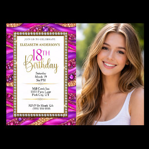 Glam Pink Gold Jeweled Strata 18th Birthday Photo Invitation
