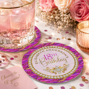 Glam Pink Gold Jeweled Strata 18th Birthday Round Paper Coaster