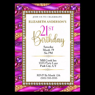 Glam Pink Gold Jeweled Strata 21st Birthday Invitation