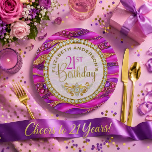 Glam Pink Gold Jeweled Strata 21st Birthday Paper Plates