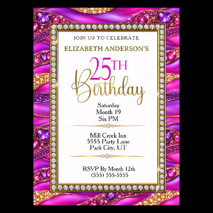 Glam Pink Gold Jeweled Strata 25th Birthday Invitation