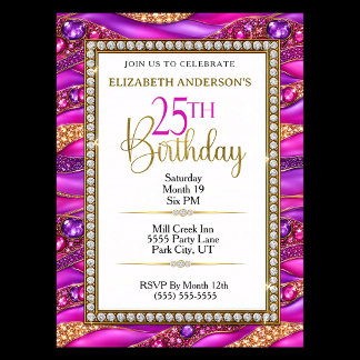 Glam Pink Gold Jeweled Strata 25th Birthday Invitation