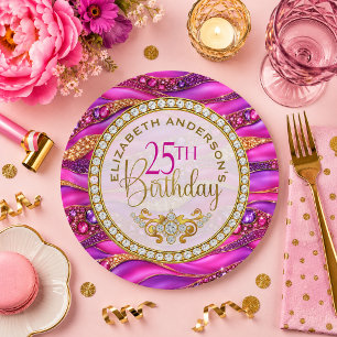 Glam Pink Gold Jeweled Strata 25th Birthday Paper Plates