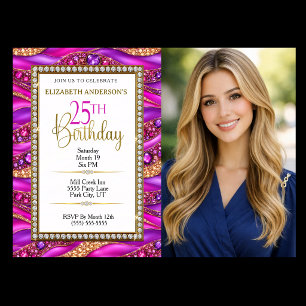 Glam Pink Gold Jeweled Strata 25th Birthday Photo Invitation